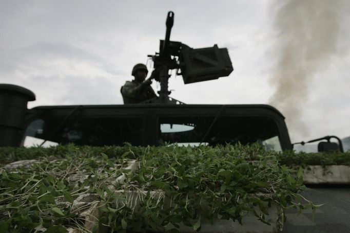 A military vehicle transports marijuana plants during a military operation at Tequila in state of Jalisco September 27, 2012. According to military authorities, Mexican troops found 40 hectares of marijuana planted between maize agave as well as a house used for processing drugs. REUTERS/Alejandro Acosta (MEXICO - Tags: DRUGS SOCIETY MILITARY) Published: Zář. 28, 2012, 1:59 dop.