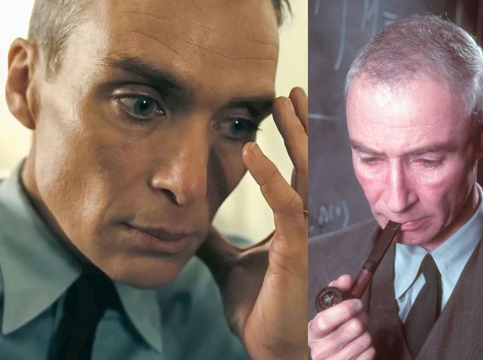 Koláž: Herec Cillian Murphy jako J. Robert Oppenheimer (vlevo) a fotografie skutečného Oppenheimera (vpravo).