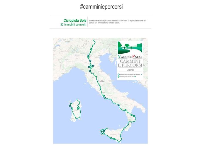 Trasa Ciclopista del Sole, která je dlouhá asi 3000 km, vede od severu na jih 12 regiony, které zahrnují 414 obcí. K dispozici je zde 32 objektů.