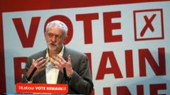 Jeremy Corbyn během řeči na podporu Vote Remain kampaně.