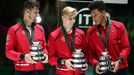 Tennis - Davis Cup Finals - Final - Caja Magica, Madrid, Spain - November 24, 2019   Canada's Felix Auger-Aliassime, Denis Shapovalov and captain Frank Dancevic after los