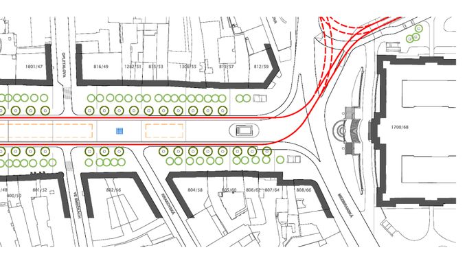 Pracovní návrh, který ukazuje, jak by měla nová tramvajová trať protínat Václavské náměstí. Podle něj mají tramvaje jezdit s auty společně v jediném jízdním pruhu.