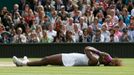 Americká tenistka Serena Williamsová slaví vítězství ve finále Wimbledonu 2012 nad Polkou Agnieszkou Radwaňskou.