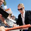 Actress Uma Thurman signs autographs to cinema fans on the Croisette during the 67th Cannes Film Festival in Cannes