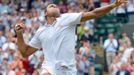 Francouzský tenista Jo-Wilfried Tsonga slaví vítězství nad Lleytonem Hewittem z Austrálie v 1. kole Wimbledonu 2012.