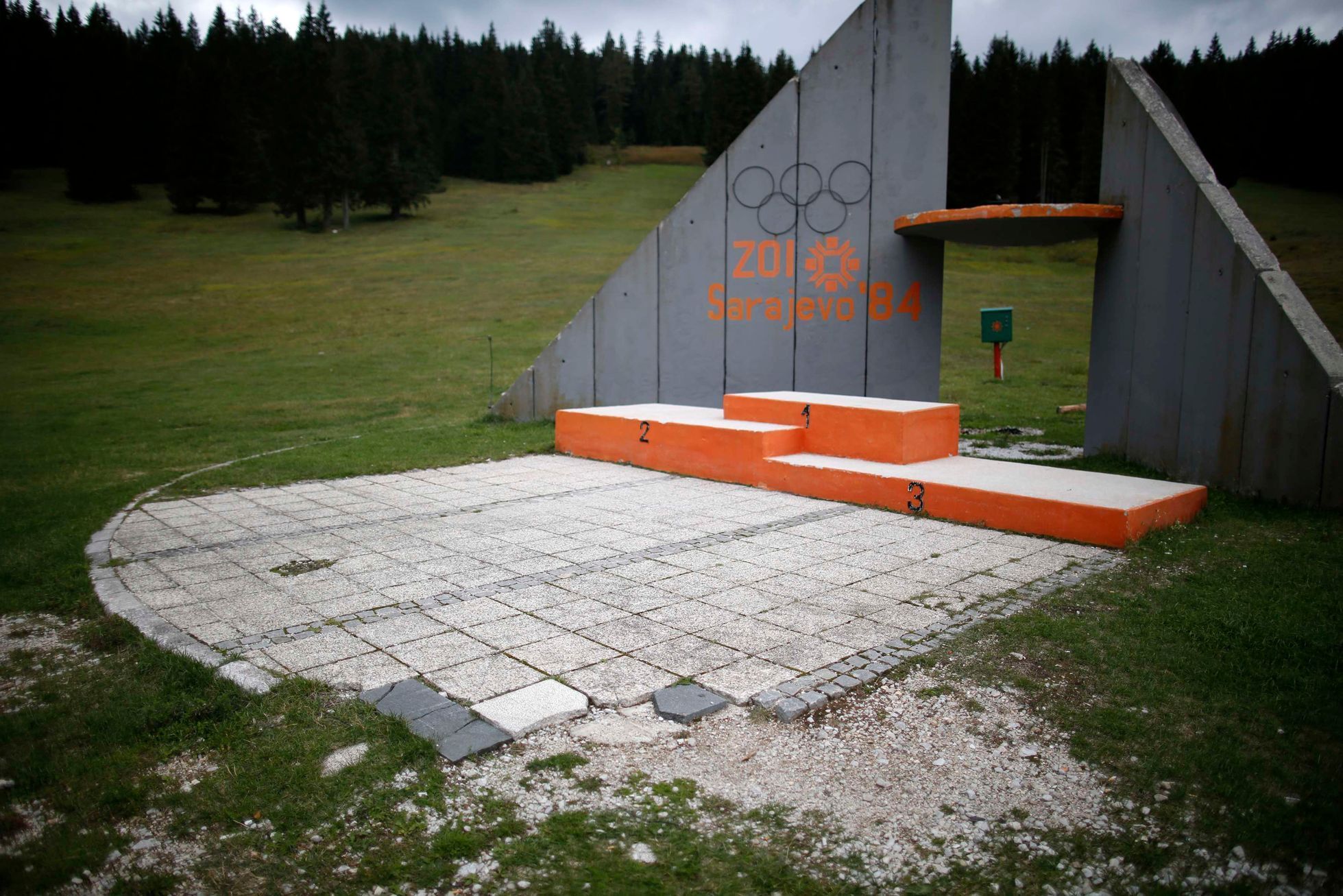 A view of the derelict medals podium at the disused ski jump from the Sarajevo 1984 Winter Olympics on Mount Igman, near Saravejo