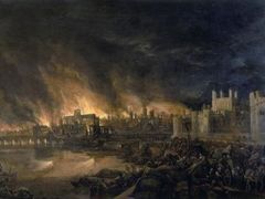 Požár Londýna 1666 na obrazu neznámého malíře.