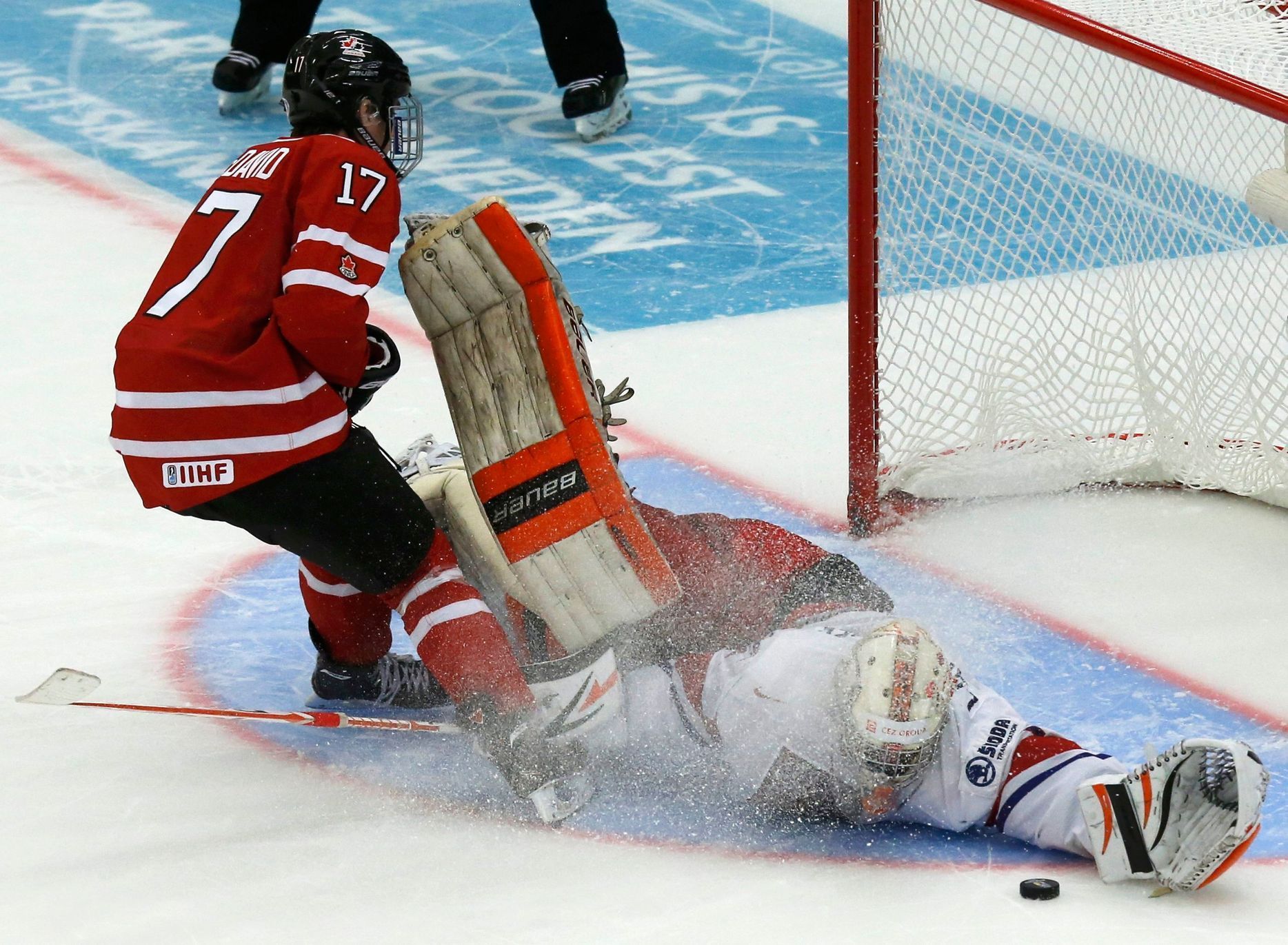 Canada's McDavid is stopped by Czech Republic's goalie Langhammer during the shootout in their IIHF World Junior Championship ice hockey game in Malmo