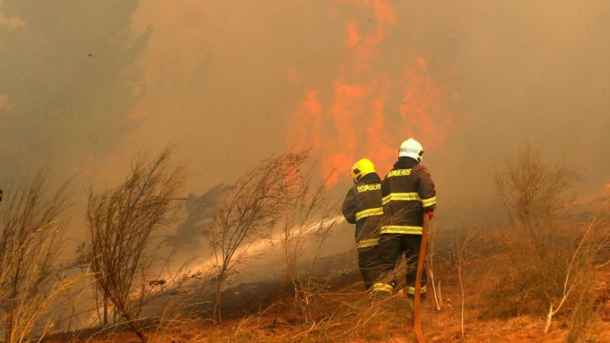 Chilští hasiči bojují s jedním z mnoha lesních požárů.