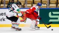 David Pastrňák a Henrik Nilsson v zápase MS 2025 Česko - Maďarsko