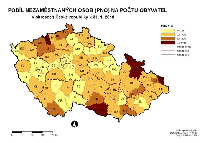 Nezaměstnanost v lednu 2018 podle regionů.