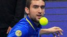 Marin Cilic of the UAE Royals eyes the ball during his men's singles match against Tomas Berdych of the Singapore Slammers during the International Premier Tennis League