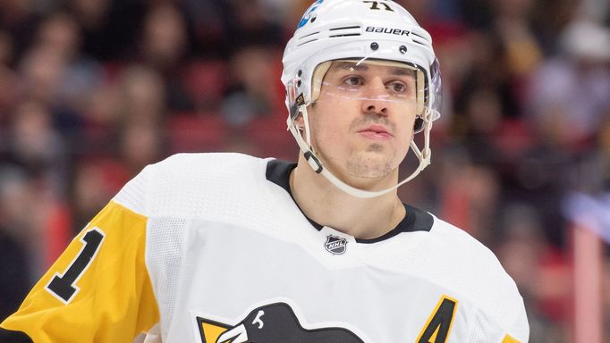 Jan 18, 2023; Ottawa, Ontario, CAN; Pittsburgh Penguins center Evgeni Malkin (71) skates during a break in the second period against the Ottawa Senators at the Canadian T