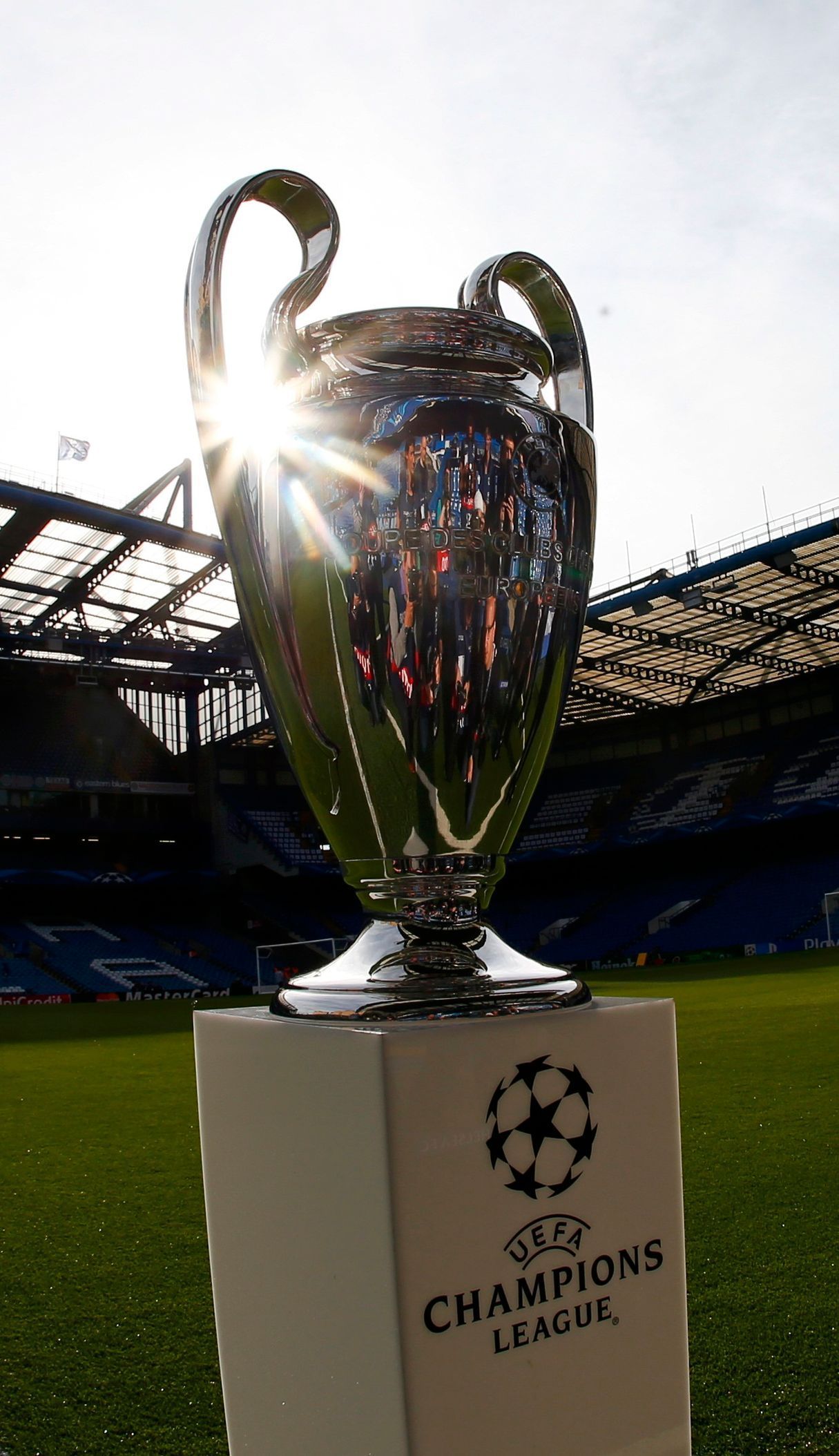 The Champions League trophy is displayed on the pitch inside Stamford Bridge before the Champions League semi-final second leg soccer match between Atletico and Chelsea in London