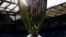 The Champions League trophy is displayed on the pitch inside Stamford Bridge before the Champions League semi-final second leg soccer match between Atletico and Chelsea i