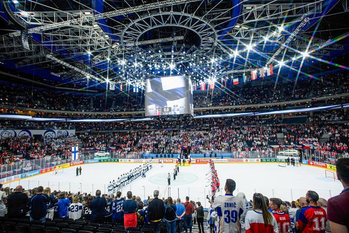 Interiér O2 arény během hokejového utkání v rámci konání MS v hokeji v Praze. 13. 5. 2024