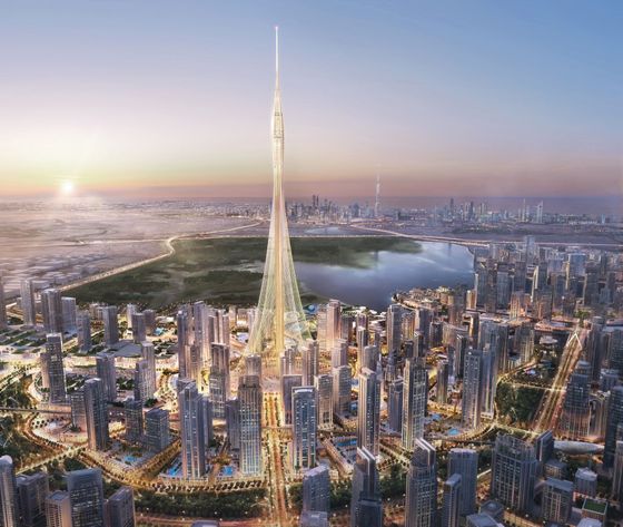 Model budoucí nejvyšší stavby světa, přes 900 metrů vysoké věže Creek Tower v Dubaji.