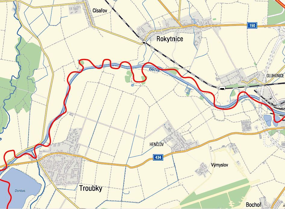Mapa řeky Bečvy s jejím historickým vyznačením