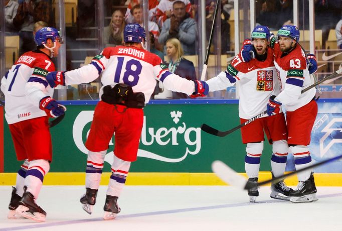 Češi slaví gól v zápase MS 2025 Česko - Švýcarsko