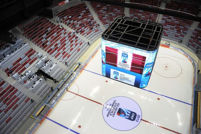 An interior view of the Bolshoi Ice Dome arena - ice hockey venue at the Olympic Park in Adler outside Sochi, during the IIHF U18 International Ice Hockey World Championship on April 28, 2013.