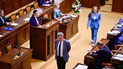 Mimořádná schůze Sněmovny k případu bitcoinů darovaných ministerstvu spravedlnosti, 5. června 2025, Praha. Uprostřed ministr spravedlnosti v demisi Pavel Blažek.