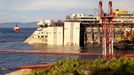 The rear of the cruise liner Costa Concordia is seen at Giglio harbour at Giglio Island July 18, 2014.