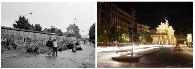 Pro lepší srovnání ještě jednou vedle sebe: Berlínská zeď na úrovni nynější Ebertstrasse v roce 1989 a ... dnes.