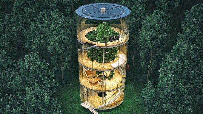 Skleněný dům, v jehož středu roste ohromná jedle. Ekologické bydlení kazašského podnikatele