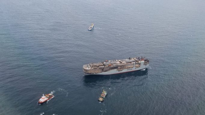 The ship Fremantle Highway is pictured in its temporary location, 16 kilometers above Schiermonnikoog and Ameland, July 31, 2023. Coastguard Netherlands/Handout via REUTE