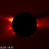 CME on March 25, 2008 as Seen by SOHO By analyzing the size and shape of the bow shock on this March 25, 2008 coronal mass ejection (the loop extending to the left) scientists have devised a technique to measure magnetic fields near the sun. Credit: NASA/SOHO