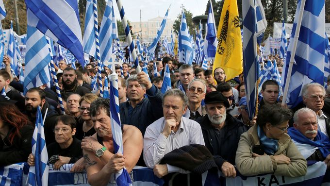 Demonstrace v Řecku proti názvu Makedonie, únor 2018.