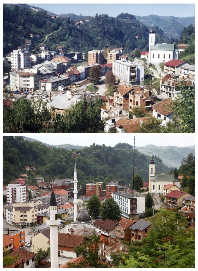 A combination of pictures show a general city overview in the year 1997 (at top) and 2012 (at bottom) after the Srebrenica massacre in Srebrenica. During the war, Bosnian Serb forces commanded by General Ratko Mladic killed up to 8000 Muslim men and boys in the Srebrenica area. Bosnian Serb army commander Mladic, who personally witnessed the capture of Srebrenica, was arrested in Serbia in May 2011 after 16 years on the run. He is accused of genocide for orchestrating the massacre and for his role in the siege of Bosnia's capital Sarajevo. Some 520 recently discovered Bosnian Muslim victims' remains from the Srebrenica massacre will be buried on July 11 at the Memorial center in Potocari. The International Commission for Missing Persons has so far identified more than 7,000 Srebrenica victims. REUTERS/Staff (BOSNIA AND HERZEGOVINA - Tags: CITYSPACE CIVIL UNREST CRIME LAW CONFLICT) Published: Čec. 9, 2012, 5:12 odp.