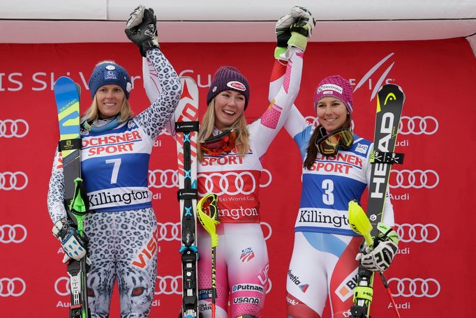 Mikaela Shiffrin of the United States (middle) , Veronika Velez Zuzulova of Slovakia (7) and Wendy Holdener of Switzerland at Killington