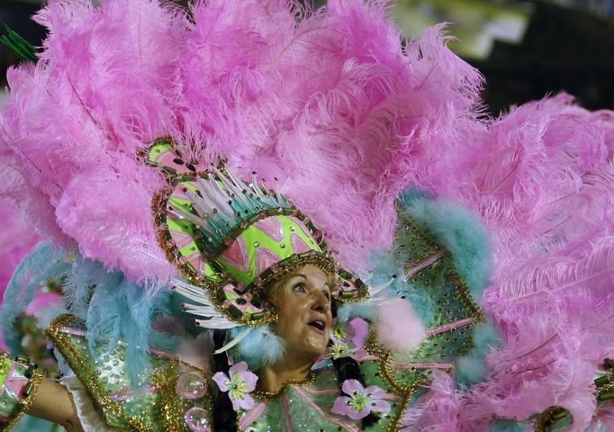 A reveller from the Mangueira samba school participates during the annual Carnival parade in Rio de Janeiro's Sambadrome, February 11, 2013. REUTERS/Pilar Olivares (BRAZIL - Tags: SOCIETY) Published: Úno. 12, 2013, 2:45 dop.