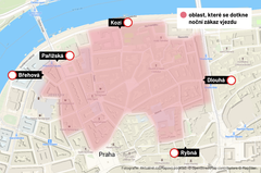 Mapa oblasti, kterou by postihl noční zákaz vjezdu na Starém Městě.