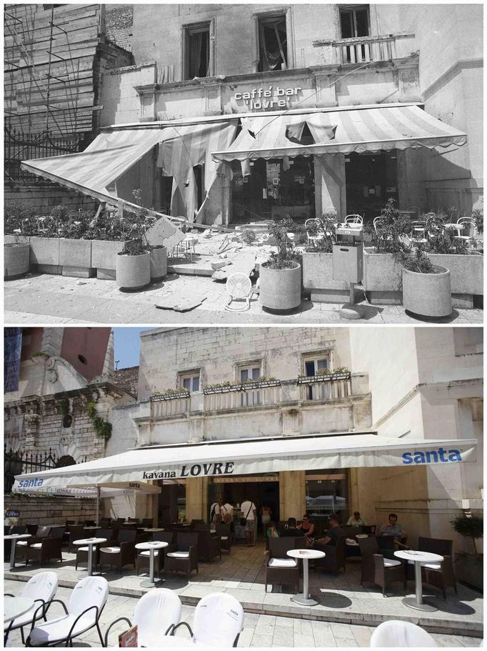 A combination picture shows the scene of a cafe bar in 1991 (top) and a newly rebuilt cafe in 2012 in Zadar. The city of Zadar was shelled by Serb-dominated Yugoslav troops during Croatia's 1991-95 war of independence. REUTERS/Antonio Bronic (CROATIA - Tags: CIVIL UNREST CONFLICT) Published: Čec. 31, 2012, 3:32 odp.