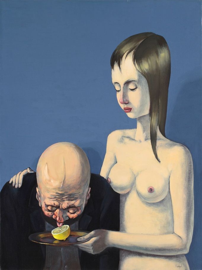 Viktor Pivovarov: Dívka s citronem z cyklu Jedlíci citronů, 2005, olej, plátno, 100×75 cm.
