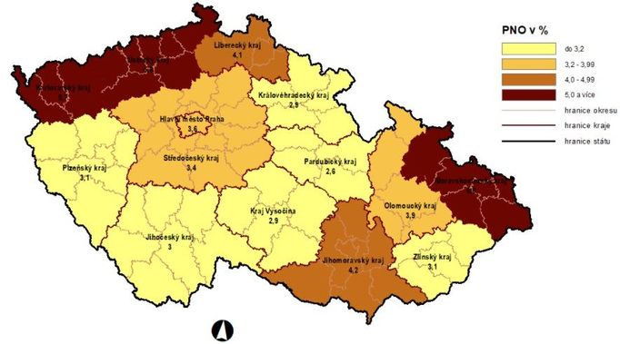 Podíl nezaměstnaných osob (PNO) na počtu obyvatel v krajích ČR k 31. květnu 2021