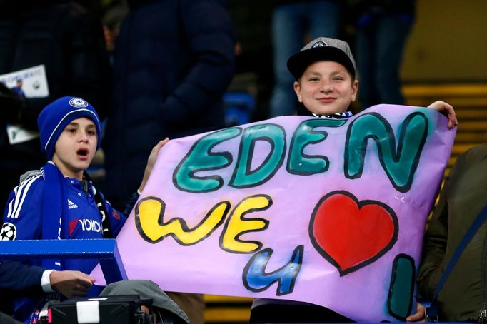 Chelsea fans with a banner directed at Chelsea's Eden Hazard before the match