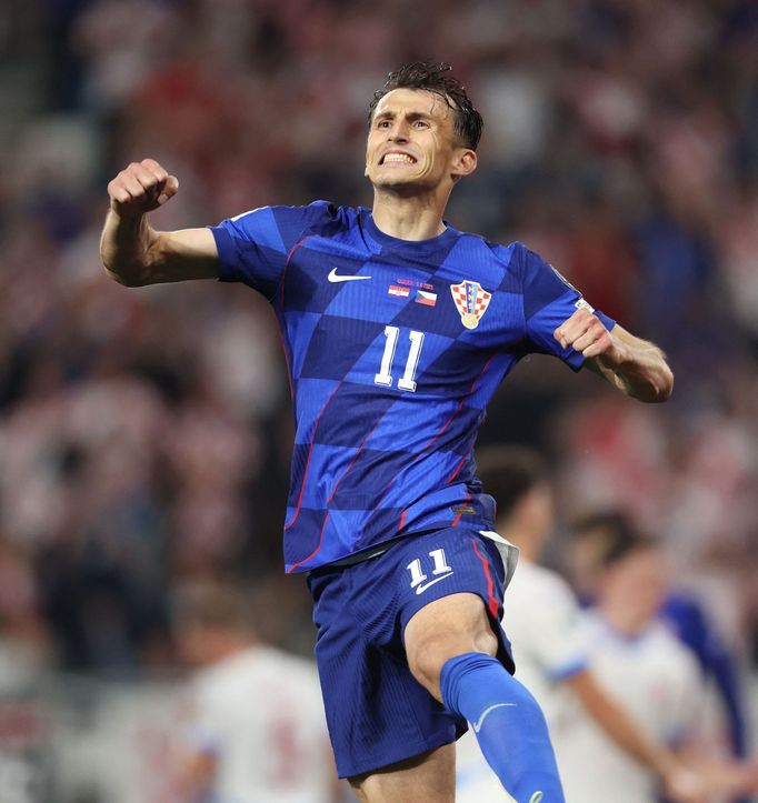 Ante Budimir slaví gól v utkání kvalifikace MS 2026 Chorvatsko - Česko