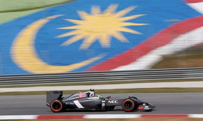 Sauber Formula One driver Esteban Gutierrez of Mexico drives during the first practice session of the Malaysian F1 Grand Prix at Sepang International Circuit outside Kual