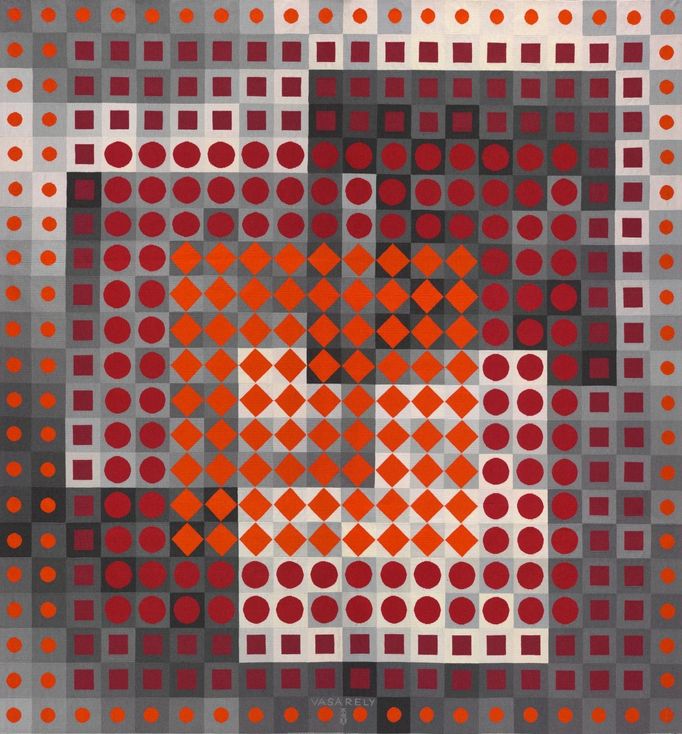 Victor Vasarely: Harmas, 1966, tapisérie z manufaktury Tabard v Aubussonu, 260x244 cm.