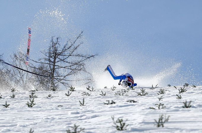 Ski Jumping - Ski Jumping World Cup - Planica, Slovenia - March 25, 2021 Norway's Daniel Andre Tande falls during his trial round jump REUTERS/Srdjan Zivulovic