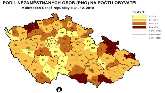 Mapa zobrazuje podíl nezaměstnaných osob na počtu obyvatel v okresech ČR.
