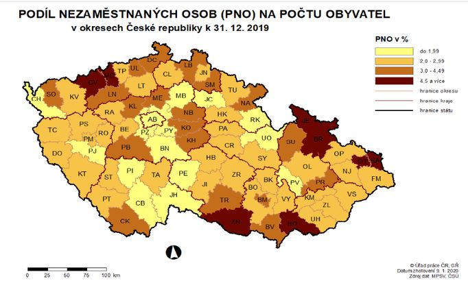 Mapa zobrazuje podíl nezaměstnaných osob na počtu obyvatel v okresech ČR.