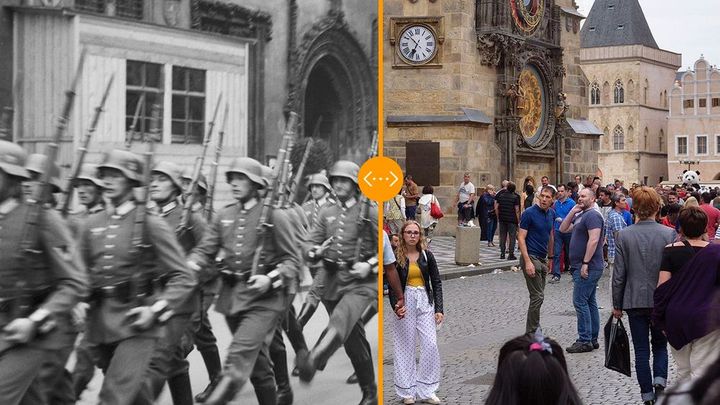 Tehdy a nyní: Kudy kráčeli Prahou nacisté i jejich mládež, odkud přesně mával Hitler