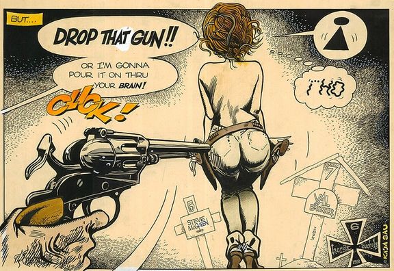 Kája Saudek: Drop that gun!!!, 1970, kresba tuší, akvarel, běloba.