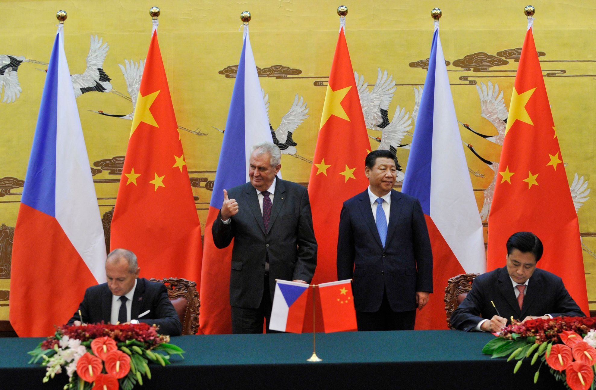Czech Republic's President Zeman gestures during a signing ceremony with China's President Xi at the Great Hall of the People in Beijing