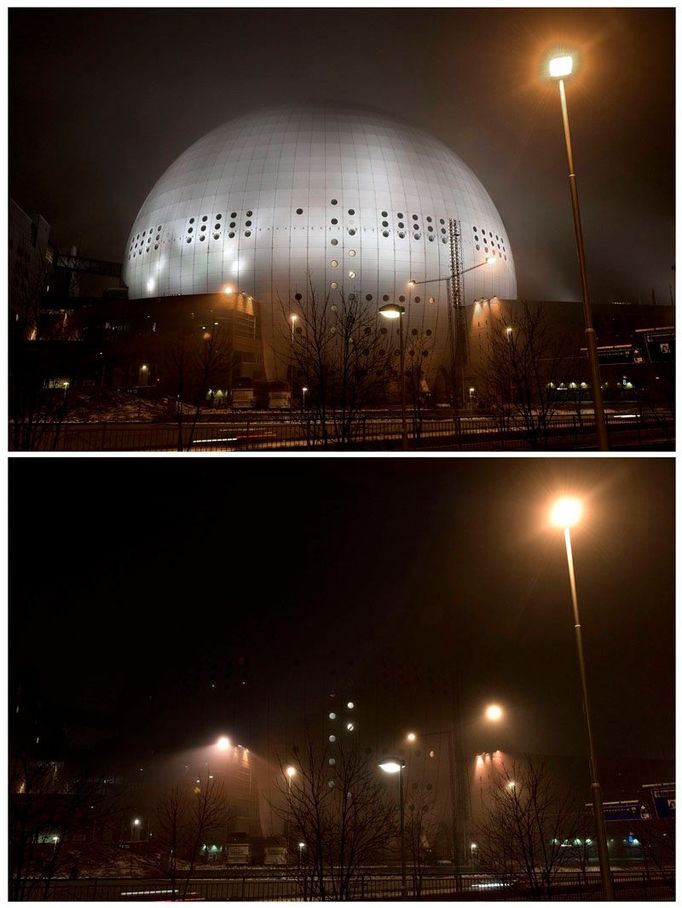 Ericsson Globe Arena ve Stockholmu v plném světle a bez něj.