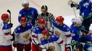 Russia's Nikolai Kulyomin (41) celebrates his goal against Slovenia with team mates during their Ice Hockey World Championship game at the CEZ arena in Ostrava, Czech Rep